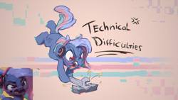 Size: 1920x1080 | Tagged: safe, artist:assasinmonkey, imported from derpibooru, oc, oc only, oc:bit rate, earth pony, pony, angry, ears back, female, gamer, headset, mare, open mouth, pain star, scan lines, smashing, solo, technical difficulties, wrench, yelling