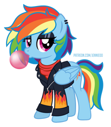 Size: 875x1000 | Tagged: safe, artist:jennieoo, imported from derpibooru, rainbow dash, pegasus, pony, backwards cutie mark, bubblegum, clothes, ear piercing, eyeshadow, female, food, gift art, gum, jacket, leather, leather jacket, makeup, mare, patreon, patreon reward, piercing, punk, rock, show accurate, simple background, solo, transparent background, vector