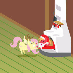 Size: 2160x2160 | Tagged: safe, anonymous artist, imported from derpibooru, big macintosh, fluttershy, earth pony, pegasus, pony, series:fm holidays, series:hearth's warming advent calendar 2022, advent calendar, animal costume, christmas, christmas stocking, clothes, costume, duo, eyes closed, fake antlers, fake beard, female, fireplace, fluttermac, fluttershy's cottage, frown, hat, high res, holiday, lineless, male, mare, pointy ponies, pulling, red nose, reindeer costume, santa costume, santa hat, shipping, stallion, straight, stuck