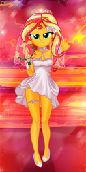 Size: 669x1332 | Tagged: safe, artist:charliexe, imported from derpibooru, sunset shimmer, human, equestria girls, bedroom eyes, breasts, bride, choker, clothes, cute, dress, female, flats, flower, looking at you, reasonably sized breasts, shimmerbetes, shoes, solo, wedding dress