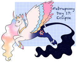 Size: 1280x1035 | Tagged: safe, artist:s0ftserve, imported from derpibooru, princess celestia, princess luna, pony, cloven hooves, colored wings, curved horn, ear fluff, fusion, horn, leonine tail, multicolored wings, simple background, solo, tail, transparent background, wings