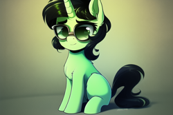 Size: 768x512 | Tagged: safe, imported from derpibooru, oc, oc only, oc:filly anon, pony, unicorn, ai content, ai generated, female, filly, foal, glasses, solo