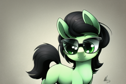 Size: 768x512 | Tagged: safe, imported from derpibooru, oc, oc only, oc:filly anon, earth pony, pony, ai content, ai generated, female, filly, foal, glasses, solo