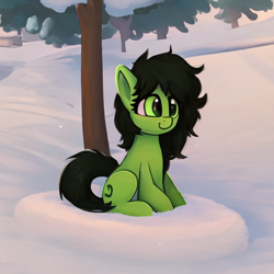 Size: 512x512 | Tagged: safe, artist:rainbowkek, imported from derpibooru, oc, oc:filly anon, earth pony, pony, pony town, ai assisted, ai content, cute, female, filly, sitting, snow, solo, tree, winter
