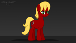 Size: 8000x4500 | Tagged: safe, artist:metalhead97, imported from derpibooru, oc, oc:arkansas black, earth pony, pony, commission, gradient background, lidded eyes, looking at you, presenting, smiling, smiling at you, solo, standing, tail, yellow mane, yellow tail