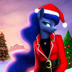 Size: 1024x1024 | Tagged: safe, derpibooru exclusive, editor:dovakkins, imported from derpibooru, princess luna, alicorn, anthro, ai content, ai generated, beautiful, christmas, christmas tree, clothes, costume, crown, female, generator:stable diffusion, hat, holiday, jewelry, lidded eyes, missing accessory, missing horn, regalia, santa costume, santa hat, snow, tree, wingless, winter