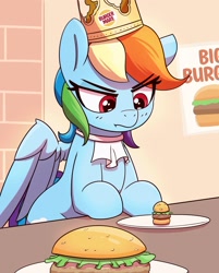 Size: 1925x2391 | Tagged: safe, artist:pabbley, imported from derpibooru, rainbow dash, pegasus, pony, angry, burger, burger king, burger king crown, cute, dashabetes, eye clipping through hair, eyebrows, eyebrows visible through hair, female, food, frown, high res, madorable, mare, meat, paper crown, partially open wings, ponies eating meat, rainbow dash is not amused, solo, unamused, wings