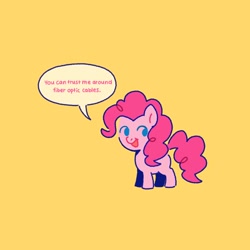 Size: 2048x2048 | Tagged: safe, artist:luv_shots, imported from derpibooru, pinkie pie, earth pony, pony, blatant lies, dialogue, open mouth, open smile, simple background, smiling, solo, yellow background