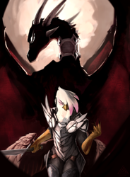 Size: 4570x6200 | Tagged: safe, artist:elicitie, imported from twibooru, gilda, anthro, dragon, griffon, armor, breastplate, clothes, duo, eyes closed, female, holding, image, looking back, muscles, muscular female, paywalled source, png, socks, spread wings, sword, talons, thigh highs, weapon, wings