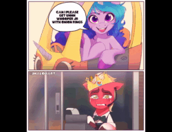 Size: 936x720 | Tagged: safe, artist:imalou, imported from derpibooru, izzy moonbow, sprout cloverleaf, earth pony, pony, unicorn, animated, bowtie, burger king, cash register, clothes, crown, crying, dialogue, female, g5, happy, jewelry, male, mare, meme, microphone, regalia, sad, silly, silly pony, song, speech bubble, stallion, webm