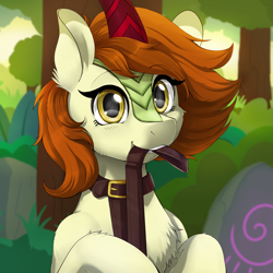 Size: 2000x2000 | Tagged: safe, artist:evomanaphy, edit, imported from twibooru, autumn blaze, kirin, bust, cheek fluff, chest fluff, collar, ear fluff, editor needed, female, forest, forest background, golden eyes, image, leash, leg fluff, looking at you, mouth hold, orange mane, png, raised hoof, raised hooves, smiling, smiling at you, solo, tan coat, teeth, tree, unauthorized edit