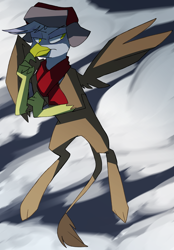 Size: 1250x1801 | Tagged: safe, artist:ghost, imported from twibooru, gilda, griffon, clothes, female, flying, hat, image, looking sideways, png, scarf, solo, spread wings, thinking, ushanka, wings