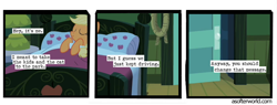 Size: 720x275 | Tagged: safe, edit, edited screencap, imported from ponybooru, screencap, applejack, earth pony, a softer world, applejack's bedroom, bed, comic, implied kidnapping, rope, screencap comic, sleeping, smiling, text