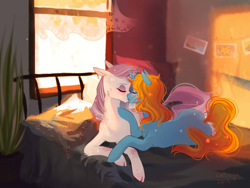 Size: 1920x1442 | Tagged: safe, artist:chi-eca, artist:hichieca, imported from derpibooru, oc, oc only, pony, unicorn, bed, kissing, pillow, plant pot, window