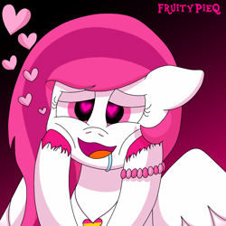 Size: 1000x1000 | Tagged: safe, artist:fruiitypieq, artist:shycookieq, imported from derpibooru, oc, oc only, pegasus, pony, drool, female, gradient background, heart, heart eyes, pegasus oc, solo, wingding eyes