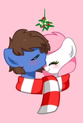 Size: 1400x2068 | Tagged: safe, artist:kittyrosie, imported from derpibooru, oc, oc:bizarre song, oc:sugar morning, pony, blushing, bust, clothes, commission, duo, eyes closed, female, forehead kiss, kissing, male, mistleholly, oc x oc, pink background, scarf, shared clothing, shared scarf, shipping, simple background, straight, striped scarf, sugarre, ych result