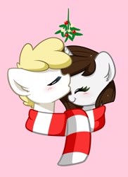 Size: 1450x1991 | Tagged: safe, artist:kittyrosie, imported from derpibooru, oc, earth pony, pony, unicorn, blushing, bust, clothes, commission, duo, eyes closed, female, forehead kiss, kissing, mistleholly, pink background, scarf, shared clothing, shared scarf, shipping, simple background, striped scarf, ych result