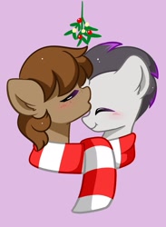 Size: 1411x1924 | Tagged: safe, artist:kittyrosie, imported from derpibooru, oc, oc:haze rad, oc:talu gana, earth pony, pony, blushing, bust, clothes, commission, duo, eyes closed, forehead kiss, gay, kissing, male, mistleholly, pink background, scarf, shared clothing, shared scarf, shipping, simple background, striped scarf, ych result