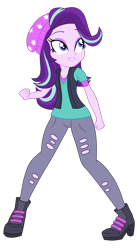 Size: 1900x3455 | Tagged: safe, artist:gmaplay, imported from derpibooru, starlight glimmer, human, equestria girls, mirror magic, spoiler:eqg specials, beanie, clenched fist, clothes, eyebrows, female, fist, grin, hat, high res, holes, looking up, pants, shirt, simple background, smiling, solo, torn clothes, transparent background, vest, watch, wristwatch