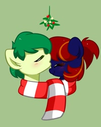 Size: 1571x1967 | Tagged: safe, artist:kittyrosie, imported from derpibooru, oc, earth pony, pony, blushing, bust, canon x oc, clothes, commission, duo, eyes closed, female, forehead kiss, kissing, mistleholly, scarf, shared clothing, shared scarf, shipping, simple background, striped scarf, ych result