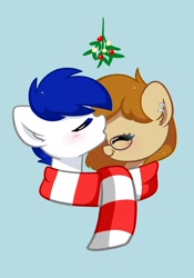 Size: 1480x2114 | Tagged: safe, artist:kittyrosie, imported from derpibooru, oc, earth pony, pony, blushing, bust, clothes, commission, duo, eyes closed, female, forehead kiss, glasses, kissing, mistleholly, scarf, shared clothing, shared scarf, shipping, simple background, striped scarf, ych result