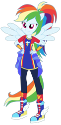 Size: 1890x3840 | Tagged: safe, imported from derpibooru, rainbow dash, human, cheer you on, equestria girls, spoiler:eqg series (season 2), alternate hairstyle, clothes, cute, dashabetes, eyebrows, female, gorget, hand on hip, pants, ponied up, ponytail, raised eyebrow, shoes, simple background, smiling, sneakers, socks, solo, super ponied up, sweatpants, transparent background, vector, wings