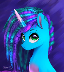 Size: 1616x1800 | Tagged: safe, artist:darksly, imported from derpibooru, pony, unicorn, bust, chest fluff, curly mane, cute, female, freckles, g5, mare, misty brightdawn, mistybetes, solo