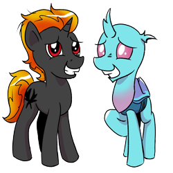 Size: 1200x1200 | Tagged: safe, artist:pony-berserker, imported from derpibooru, oc, oc only, oc:dopple, oc:shadowed ember, changedling, changeling, unicorn, derpibooru community collaboration, 2023 community collab, changedling oc, changeling oc, looking at you, sheepish, sheepish grin, simple background, transparent background