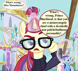 Size: 792x720 | Tagged: safe, edit, edited screencap, imported from derpibooru, screencap, minuette, moondancer, twinkleshine, pony, unicorn, amending fences, canterlot, clothes, cropped, glasses, glowing, glowing horn, hat, horn, implied prince blueblood, magic, magic aura, party hat, sesquipedalian loquaciousness, speech bubble, sweater, telekinesis