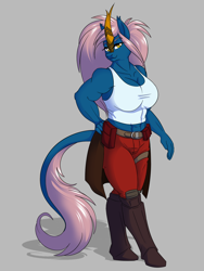 Size: 1200x1600 | Tagged: safe, artist:floots, imported from derpibooru, oc, oc only, oc:thunder strike, anthro, kirin, belt, big breasts, boots, breasts, clothes, female, muscles, muscular female, pants, shoes, tanktop