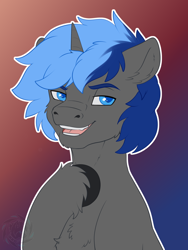Size: 2500x3333 | Tagged: safe, artist:fkk, imported from derpibooru, oc, oc only, oc:orion, pony, unicorn, commission, male, simple background, smiling, smirk, solo, stallion