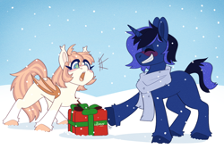 Size: 3000x2000 | Tagged: safe, artist:lionbun, imported from derpibooru, oc, oc only, oc:honey milk, oc:lunaris, bat pony, unicorn, blushing, clothes, female, kofi, kofi reward, male, mare, present, scarf, snow, snowfall, stallion, surprised, winter