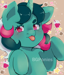 Size: 827x966 | Tagged: safe, artist:bgponies, imported from derpibooru, fizzy, pony, twinkle eyed pony, unicorn, :p, beanbrows, blushing, eyebrows, solo, tongue out