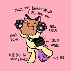 Size: 1200x1200 | Tagged: safe, artist:paperbagpony, imported from derpibooru, oc, oc:paper bag, earth pony, pony, animal costume, bag, bipedal, blushing, cat costume, cat gloves, clothes, costume, fake ears, female, gloves, mare, messenger bag, pink background, simple background, solo, standing, standing on one leg, text