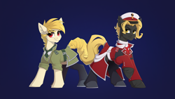 Size: 3840x2160 | Tagged: source needed, safe, artist:strafe blitz, imported from derpibooru, oc, oc:coldstream, oc:palisade, earth pony, pony, clothes, duo, military uniform, stockings, thigh highs, uniform
