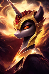 Size: 1408x2112 | Tagged: safe, editor:mr-bat, imported from derpibooru, daybreaker, alicorn, pony, abstract background, ai content, ai generated, armor, breastplate, fire, folded wings, generator:stable diffusion, golden armor, helmet, horn, mane of fire, pony ears, smiling, solo, the quality of ai art is frightening, wings