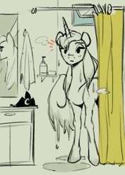 Size: 514x720 | Tagged: safe, artist:cadillac-dynamite, imported from derpibooru, princess luna, alicorn, pony, bathroom, crown, emanata, female, indoors, jewelry, looking at you, mare, partial color, partially open wings, regalia, shower curtain, solo, wet, wet mane, wings