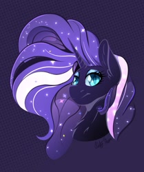 Size: 920x1103 | Tagged: safe, artist:orbitingdamoon, imported from derpibooru, nightmare rarity, pony, unicorn, bust, female, mare, purple background, simple background, solo