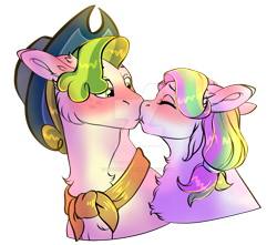 Size: 1280x1134 | Tagged: safe, artist:malinraf1615, imported from derpibooru, coconut cream, pistachio, earth pony, pony, bandana, blushing, bust, chest fluff, cocostachio, cowboy hat, cute, deviantart watermark, duo, eyes closed, female, hat, kiss on the lips, kissing, male, mare, obtrusive watermark, older, shipping, simple background, stallion, straight, transparent background, watermark