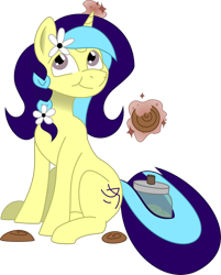 Size: 1647x2048 | Tagged: safe, artist:pingmader, imported from derpibooru, oc, oc only, oc:cinnamon string, pony, unicorn, derpibooru community collaboration, 2023 community collab, braid, cookie, cookie jar, eating, female, flower, flower in hair, food, full body, horn, jar, magic, mare, ponysona, simple background, smiling, solo, tail, telekinesis, transparent background, two toned mane, two toned tail, unicorn oc