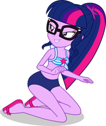 Size: 3125x3727 | Tagged: safe, alternate version, artist:dustinwatsongkx, imported from derpibooru, sci-twi, twilight sparkle, human, equestria girls, equestria girls series, forgotten friendship, x marks the spot, alternate design, bare shoulders, bikini, clothes, female, glasses, kneeling, midriff, sandals, sci-twi swimsuit, simple background, sleeveless, solo, swimsuit, transparent background, vector