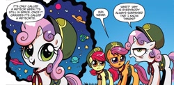 Size: 1308x636 | Tagged: safe, artist:brendahickey, idw, imported from derpibooru, apple bloom, scootaloo, sweetie belle, earth pony, pegasus, pony, unicorn, spoiler:comic, spoiler:comic24, blank flank, cute, cutie mark crusaders, dialogue, diasweetes, female, filly, filly guides, foal, g4, hat, horn, open mouth, solo focus, speech bubble, talking, wings