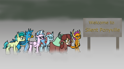 Size: 1920x1080 | Tagged: safe, artist:platinumdrop, imported from derpibooru, gallus, ocellus, sandbar, silverstream, smolder, yona, changedling, changeling, classical hippogriff, dragon, earth pony, griffon, hippogriff, pony, yak, fanfic:silent ponyville, fog, implied harry mason, implied pyramid head, konami, request, silent hill, student six, worried