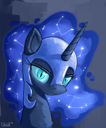 Size: 890x1076 | Tagged: safe, artist:uteuk, imported from derpibooru, nightmare moon, alicorn, pony, armor, bust, constellation, eyebrows, female, frown, helmet, looking at you, mare, portrait, signature, slit pupils, solo, three quarter view