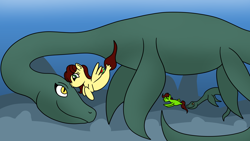 Size: 1920x1080 | Tagged: safe, artist:platinumdrop, imported from derpibooru, oc, oc only, oc:summer gale, plesiosaur, seapony (g4), cute, dorsal fin, fin, fish tail, flowing tail, kissing, loch ness monster, looking at each other, looking at someone, nessie, ocean, open mouth, open smile, plesiosaurus, request, sea reptile, smiling, smiling at each other, swimming, tail, underwater, water