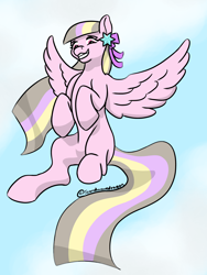 Size: 2250x3000 | Tagged: safe, artist:soundwavedragon, imported from derpibooru, oc, oc only, oc:petal twinkle, pegasus, pony, belly, cel shading, concave belly, digital art, flying, hair accessory, hooves together, long mane, long tail, looking at you, open mouth, shading, signature, simple background, sky, smiling, smiling at you, solo, spread legs, spread wings, spreading, striped mane, striped tail, tail, wings