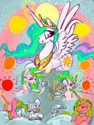 Size: 3000x4000 | Tagged: safe, artist:ja0822ck, imported from derpibooru, princess celestia, raven, alicorn, pony, bed, book, cake, female, food, mare, quill, scroll, sun, sunrise, sunset