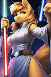 Size: 512x768 | Tagged: safe, imported from derpibooru, oc, oc only, anthro, ai content, ai generated, female, jedi, lightsaber, looking at you, looking down, looking down at you, mare, solo, star wars, weapon