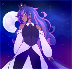 Size: 2500x2400 | Tagged: safe, artist:fuzzystarart, imported from derpibooru, princess luna, human, better source needed, blue eyes, clothes, crown, cute, cyan eyes, dress, female, gift art, horn, horned humanization, humanized, jewelry, long hair, moon, night, night sky, regalia, sky, solo, staring at you, suit, sword, tuxedo, weapon