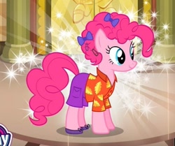 Size: 756x632 | Tagged: safe, imported from derpibooru, pinkie pie, bow, clothes, gameloft, hair bow, hawaiian shirt, my little pony logo, my little pony: magic princess, pants, shirt, solo